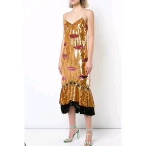 $1000 Sachin & Babi Reina Orange Gold Sequin Midi Dress Sz 8 Wedding Guest Party